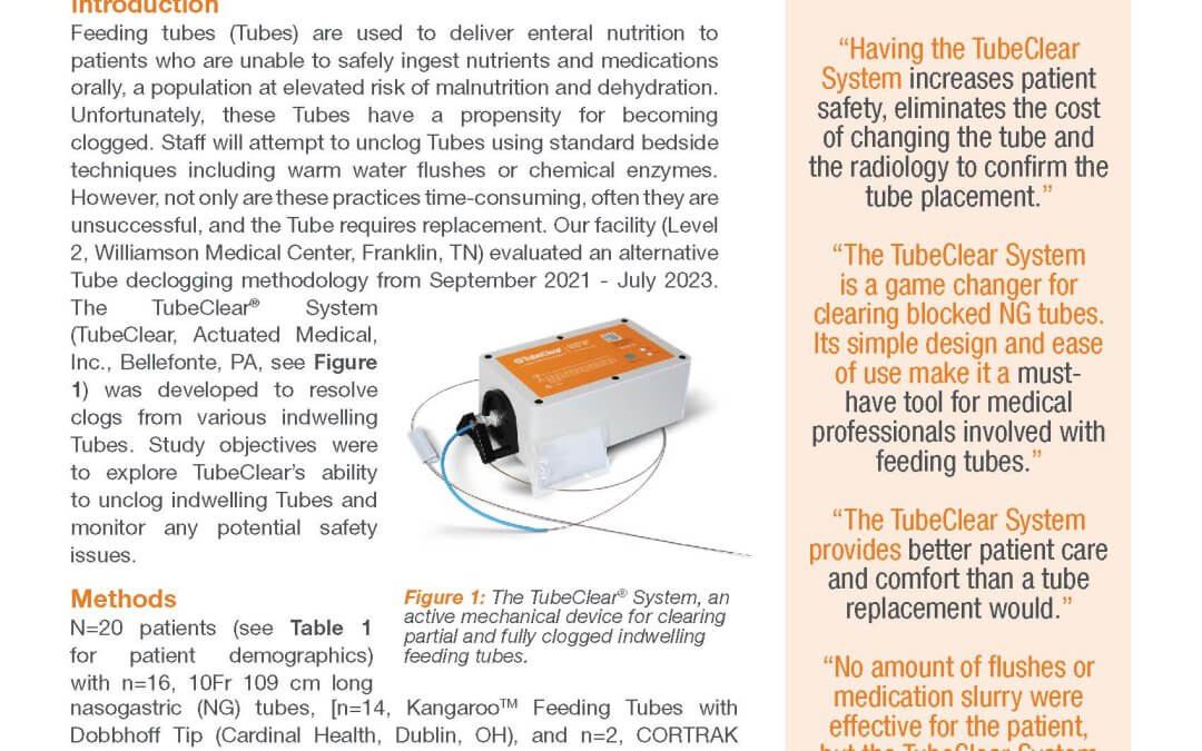 Actuated Mechanical Device for Restoring Patency in Clogged Small Bore Feeding Tubes, Clinical Case Report